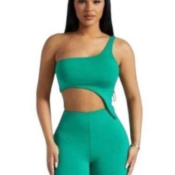 NWT NAKED WARDROBE Smooth Side One Shoulder Emerald Green Crop Top Multi-Sizes - Picture 2 of 4